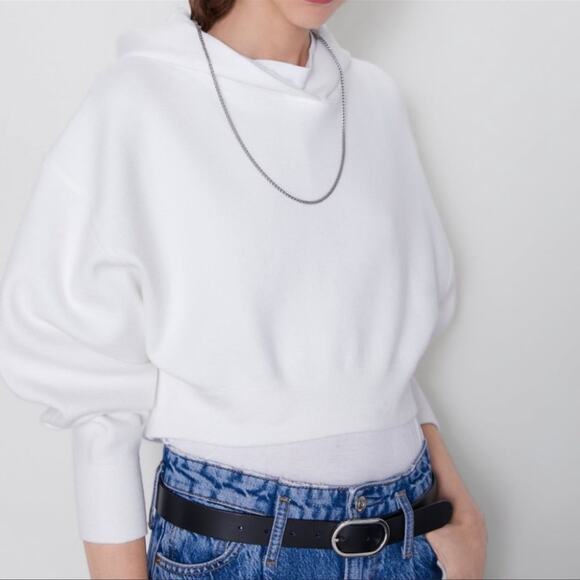 Zara Cropped Hoodie Sweater Sweatshirt White Size M - Picture 1 of 6